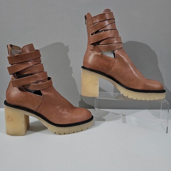 Free People Jesse Ankle Boot Womens EU 41 Tan Leather Cutout Chunky Platform - Picture 3 of 16